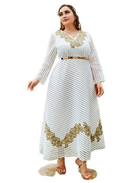 

plus striped floral embroidery appliques dress without belt f9xn#, Black