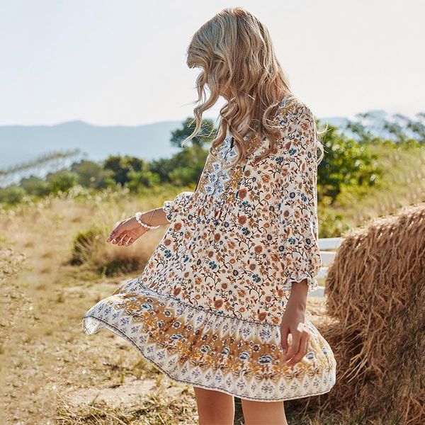 Böhmisches Sommerkleid Blumendruck 2022 Zeltbluse Kleidung Damen Frühling Hippie Chic Boho Bekleidung