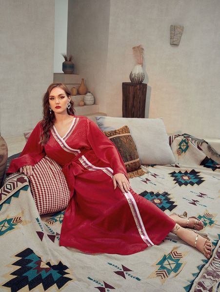 

plus bell sleeve striped sequin trim self belted dress e0zu#, Black