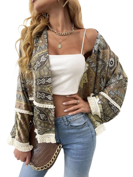

paisley print tassel trim dolman sleeve jacket 35jx#, Black;brown