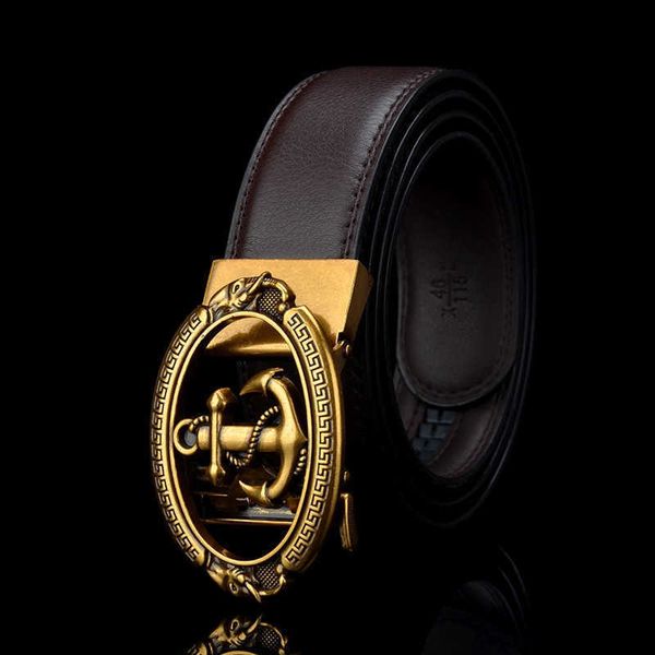 

2022 wholesale elling men's cowhide belt youth party antique korean automatic buckle personality retro anchor business dress classic lu, Black;brown