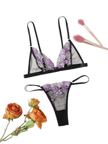 

floral embroidered mesh lingerie set y8cg#, Black;red