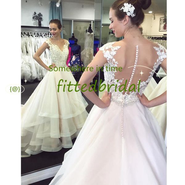 

scoop neck luxury cap sleeves wedding dress ruffles bride dresses vintage princess bridal gowns vestido de noiva corset back, White