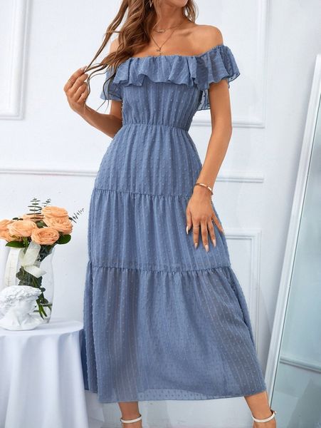 

swiss dot off shoulder ruffle trim dress g3jk#, Black;gray