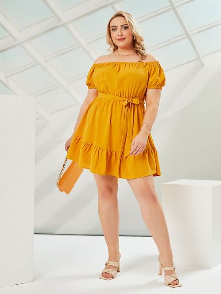 

plus off shoulder ruched bust ruffle hem belted dress z6sb#, Black