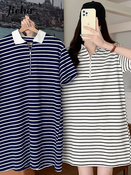 

jielur korean fashion cotton women dress short sleeve summer loose navy blue white striped polo dresses long female sxl 220615, Black;gray