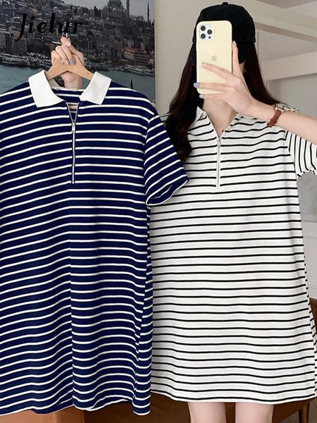 Jielur coreano moda cotone donna abito manica corta estate allentato blu navy bianco a righe polo abiti lunghi top femminile SXL 220615