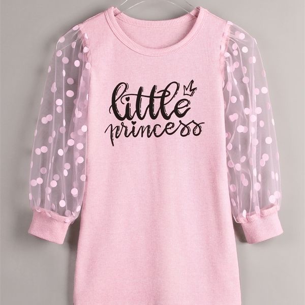 

little girl's letter design poca dot mesh lantern sleeve dress she, Red;yellow