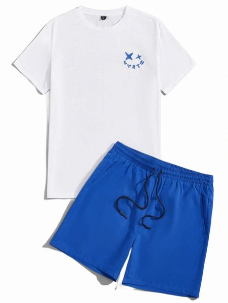 

men cartoon face print tee & drawstring waist shorts set x97l#, Gray