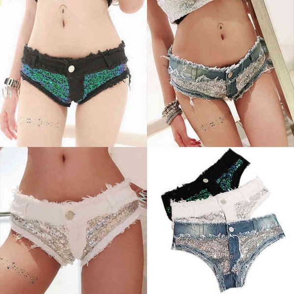 

671# summer ladies jeans shorts pants sequin holes, Blue