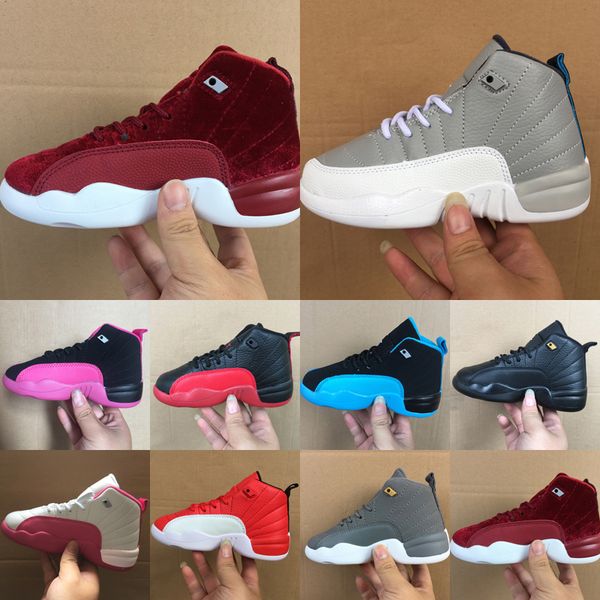 

2022 children's 12 basketball shoes kids jumpman 12s xii taxi dark grey vivid pink french blue gym red the master flu game children kid, Black