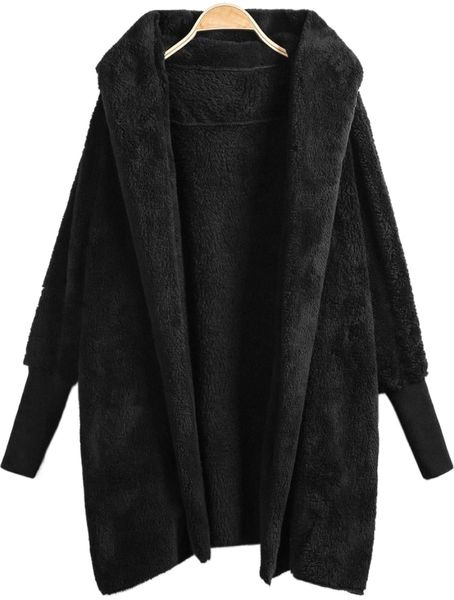 

hooded open front fluffy teddy coat z1ky#, Black