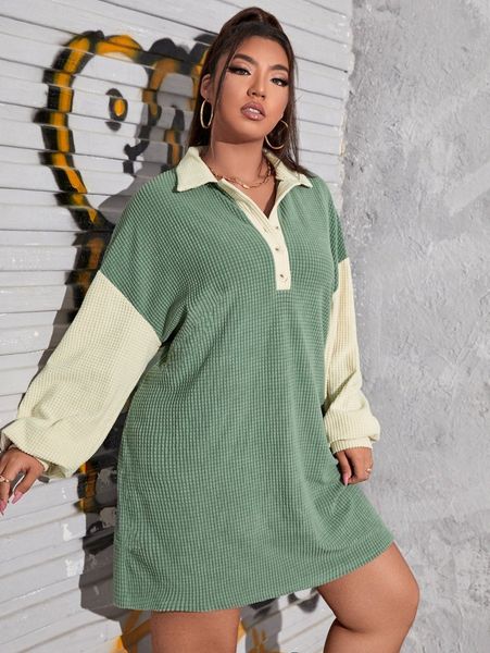 

plus polo neck drop shoulder two tone dress i3o2#, Black