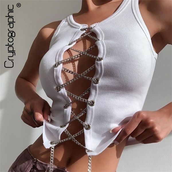 

cryptographic fashion sleeveless lace up chain white crop for women club party backless knitted cropped streetwear 220620