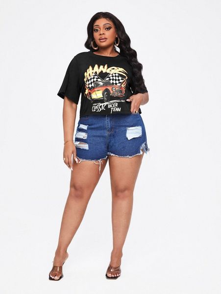 

sxy plus car and letter graphic tee 09vy#, Black