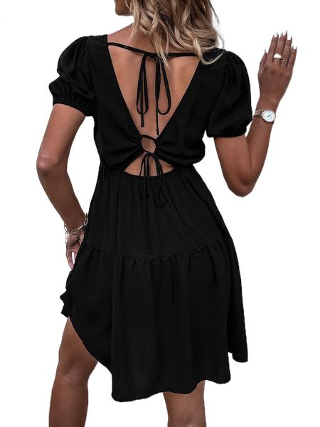 

cut out tie back puff sleeve dress e22m#, Black;gray
