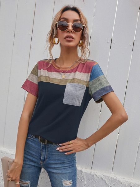 

striped panel pocket patched tee f5gq#, White