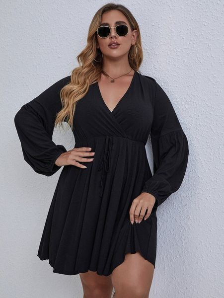 

plus solid v neck lantern sleeve dress u4j9#, Black