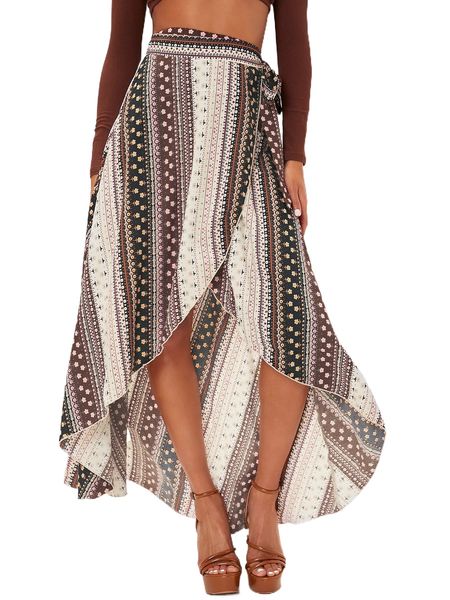 

tall ditsy floral & geo print wrap knot high low skirt z3bl#, Black