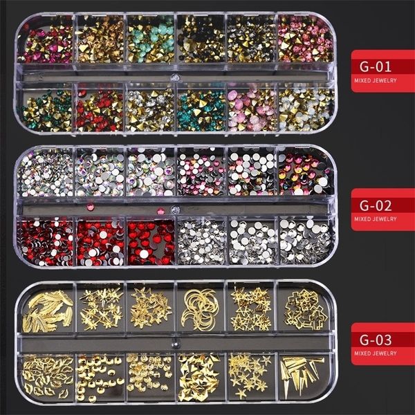

12 grid multisize s 3d crystal ab clear stones gems pearl diy nail art decorations gold silver rivet rhines 220708, Silver;gold