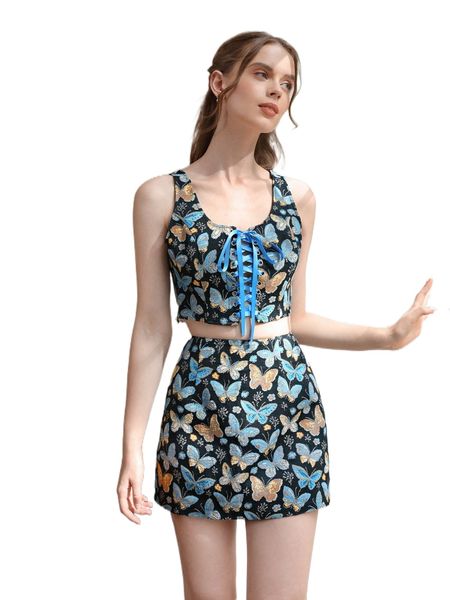

mod butterfly print crop cami & skirt b7du#, White