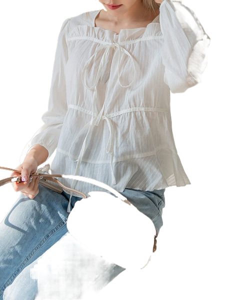 

dazy knot front puff sleeve ruffle hem solid blouse s9ye#, White
