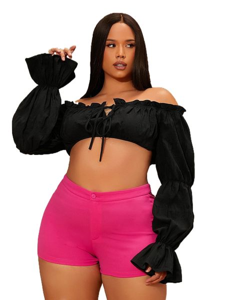

sxy plus off shoulder flounce sleeve o3ym#, Black