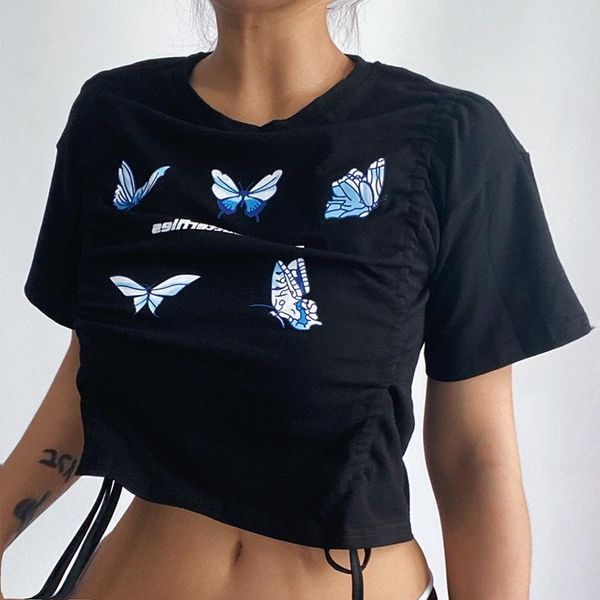 Camiseta feminina t-shirt butterfly estampestring camiseta 2022 verão slim manga curta colheita de vetement top femme harajuku camisa rz