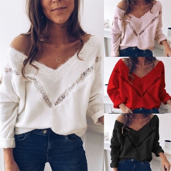 

low cut lace patchwork white long sleve women blouse and blouse fall y200402