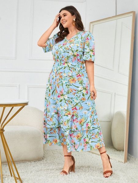 

plus floral print puff sleeve layered ruffle hem dress p9ua#, Black