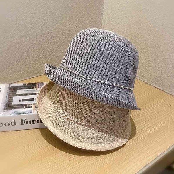 

designer bucket straw sun fisherman hat man woman curled bowler wo spring summer versatile knitting breathable british temperament basin fas, Blue;gray