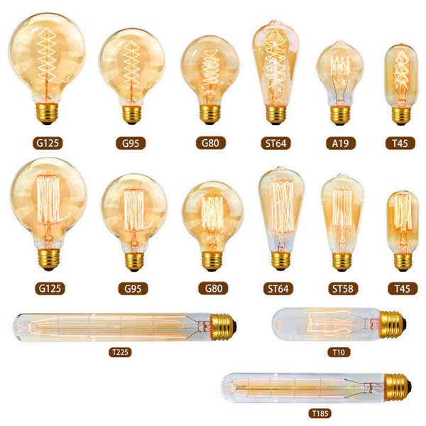 Vintage Edison Ampul 220V E27 40W ST64 G80 G95 AMPOU RETRO A19 T45 T225 LAMP EV DEZASI Filament Ampul Ampul Akkor Lamba H220428