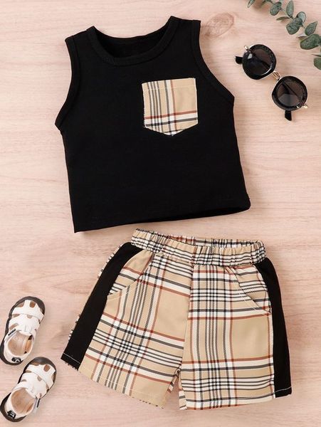 

toddler boys plaid patched pocket tank & shorts she, White