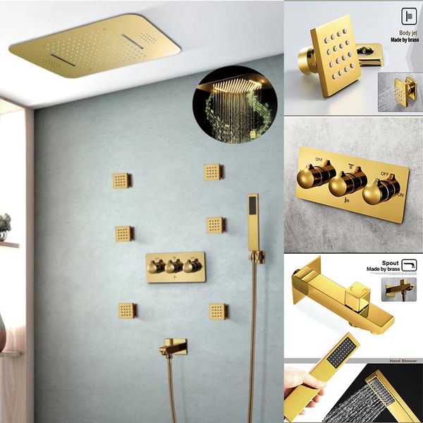 

led bath shower system luxury multifunction 58x38cm showerhead set rain waterfall misty ceiling mounted massage body jets golden