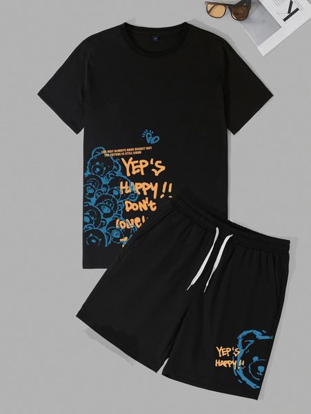 

men cartoon & slogan graphic tee & drawstring waist shorts u9mu#, Gray