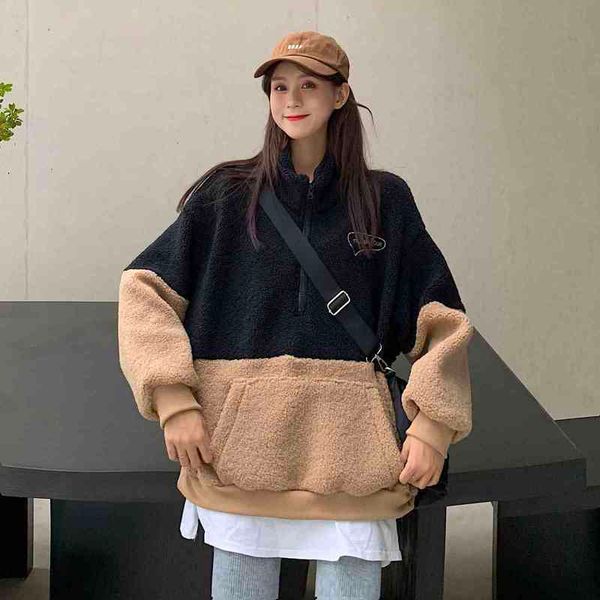 

korean style fleece patckwork stand collar loose zipper halajuku fashion women outwears pullover sweatshirt 210426, Black