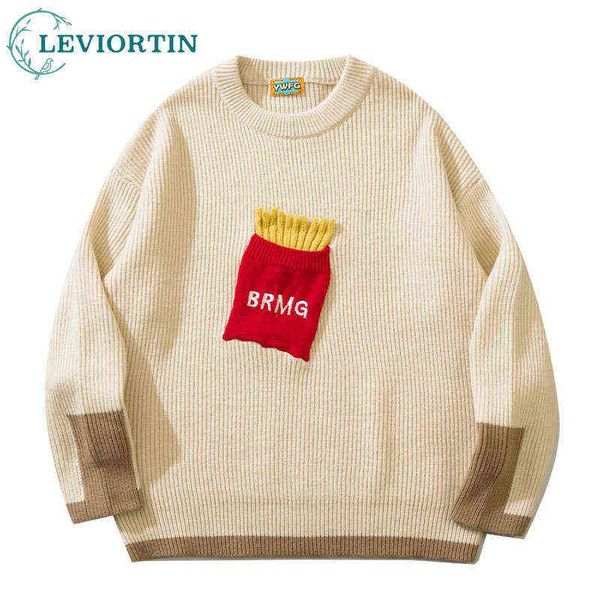 Maglione lavorato a maglia vintage da uomo Y2K Streetwear Toppa hip-hop Divertimento Patatine fritte Maglioni guarniti Harajuku Casual Pullover gotico punk allentato Y220803