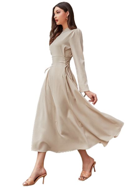 

lace up side stand neck dress 81dz#, Black;gray
