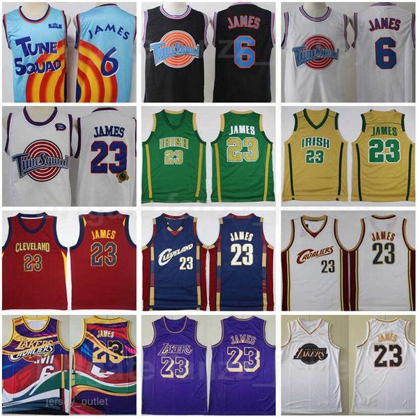 

vintage lebron james basketball jersey 6 23 man retro st. vincent mary high school irish tune squad mpls looney tunes stitched team color, Black;red