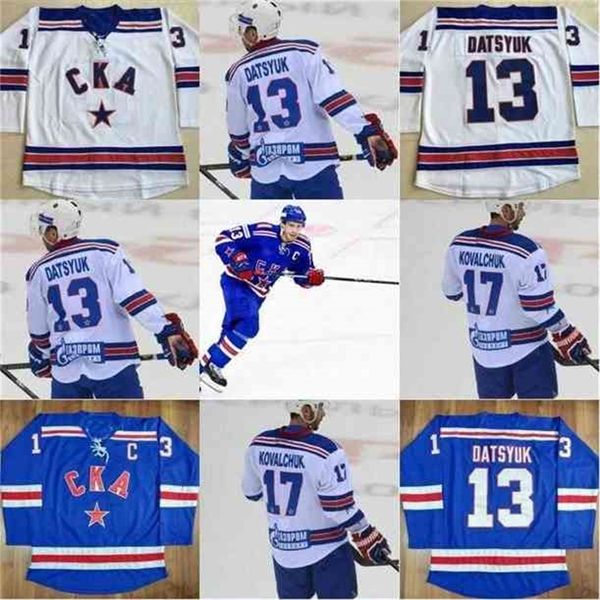 MThr Herren Vollgenähtes 17 Ilya Kovalchuk Trikots CKA St. Petersburg 13 Pavel Datsyuk Stickerei Weiß Blau Hockey Trikot