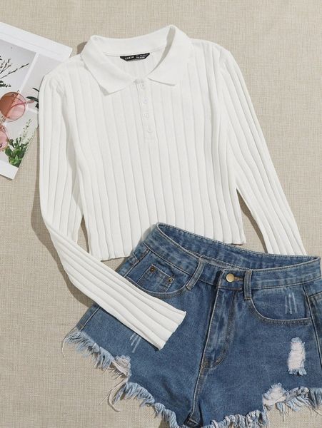 

lettuce trim button half placket rib-knit 26pu#, White