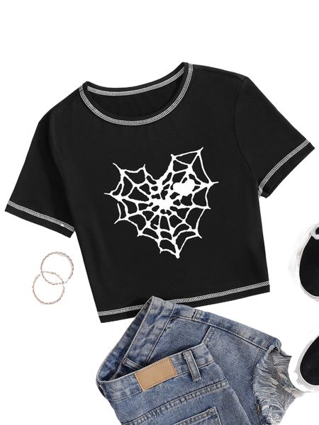

spider web print stitching tee i2f3#, White