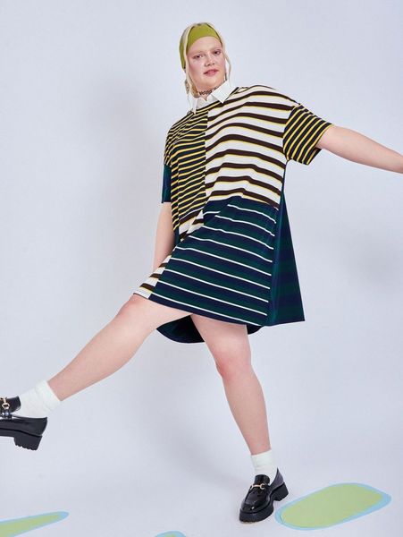 

plus striped print contrast collar dress n7wm#, Black