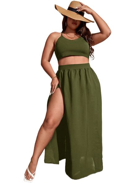 

plus solid cami & split thigh skirt o9j2#, Black