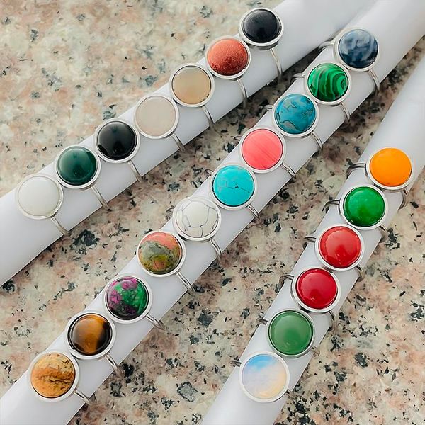 

10mm 12mm natural stone ring white blue turquoise opal pink crystal chakra open stainless steel ring for women jewelry, Golden;silver