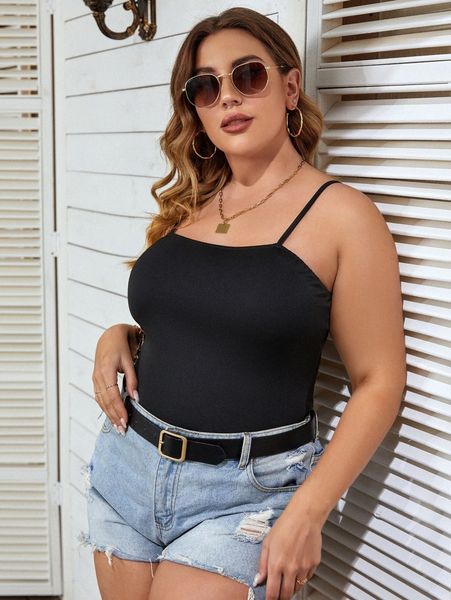 

plus solid cami bodysuit k9vd#, Black