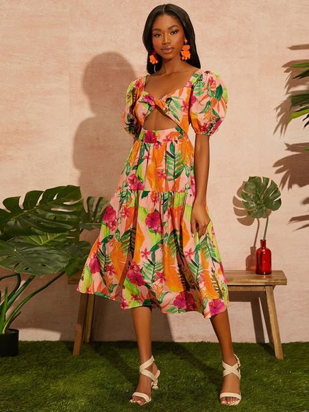 

tropical print twist front cutout dress e96r#, Black;gray