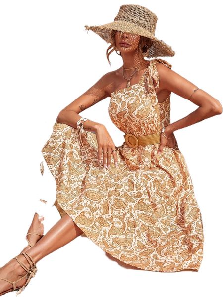 

p.aisley print knot o.ne s.houlder ruffle hem d.ress without belt m4wd#, Black;gray