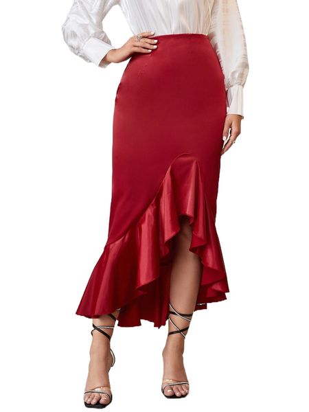 

ruffle high low hem satin skirt v3r6#, Black
