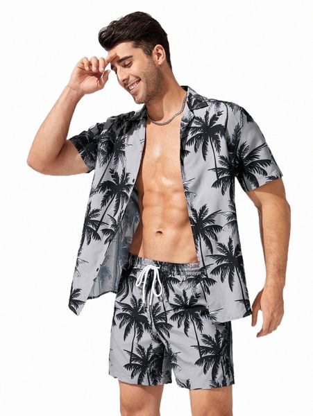 

men palm tree print shirt & drawstring waist shorts 88wc#, Gray